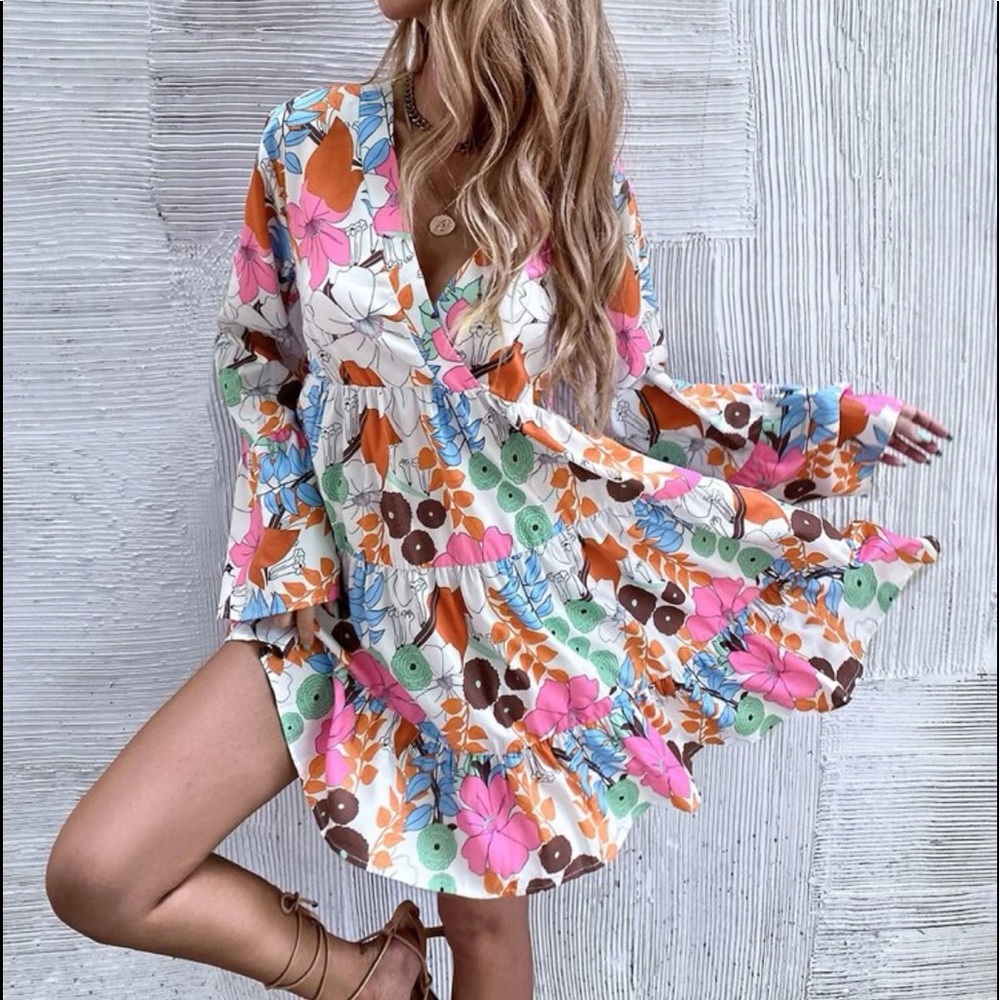 Boho Floral Print Ruffle Mini Dress